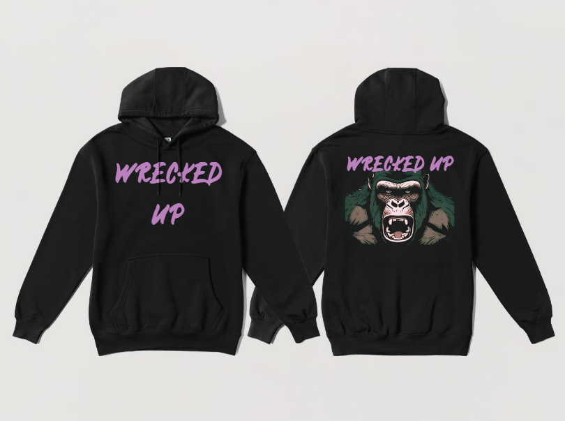 Wrecked Up Hoodie Pink Gorilla print 60% cotton 40% polyester for a vivid finish and all day comfort