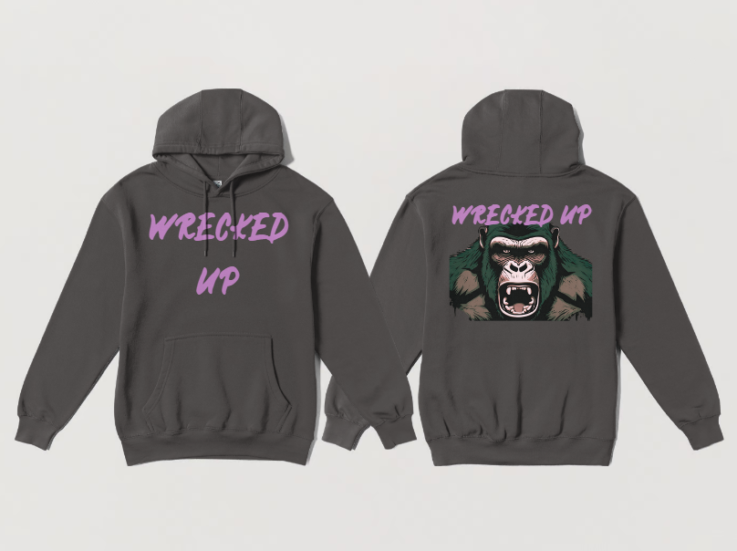 Wrecked Up Hoodie Pink Gorilla print 60% cotton 40% polyester for a vivid finish and all day comfort