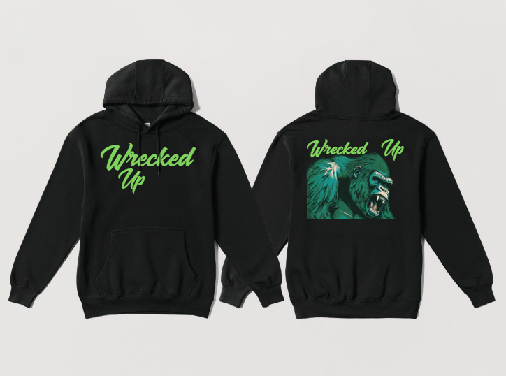 Wrecked Up Hoodie green Gorilla print 60% cotton 40% polyester for a vivid finish and all day comfort
