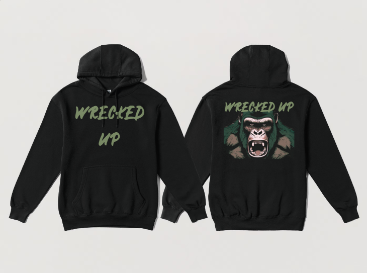 Wrecked Up Hoodie army green Gorilla print 60% cotton 40% polyester for a vivid finish and all day comfort