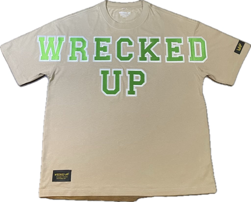 Wrecked up Large Green letters stitched on embroidery short sleeve t-shirt 100% Cotton none stretch