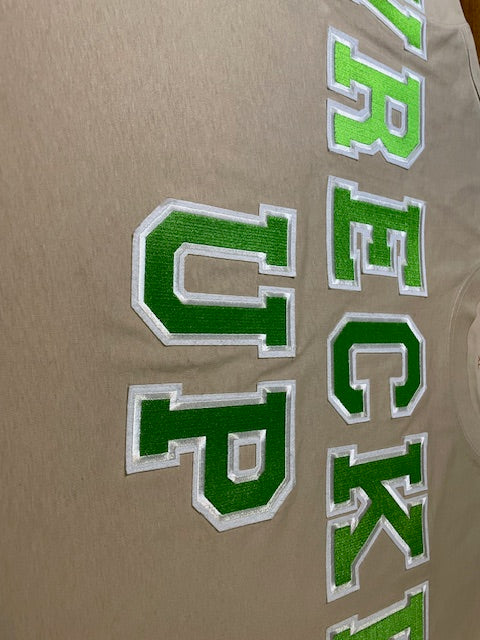 Wrecked up Large Green letters stitched on embroidery short sleeve t-shirt 100% Cotton none stretch