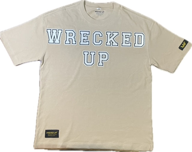 Wrecked up Medium White letters stitched on embroidery short sleeve t-shirt 100% Cotton none stretch