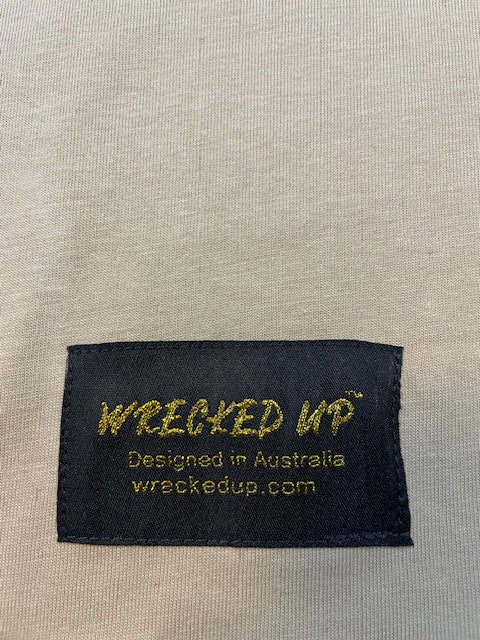 Wrecked up Medium White letters stitched on embroidery short sleeve t-shirt 100% Cotton none stretch
