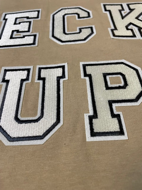 Wrecked up Medium White letters stitched on embroidery short sleeve t-shirt 100% Cotton none stretch