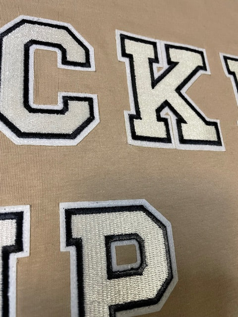 Wrecked up Medium White letters stitched on embroidery short sleeve t-shirt 100% Cotton none stretch