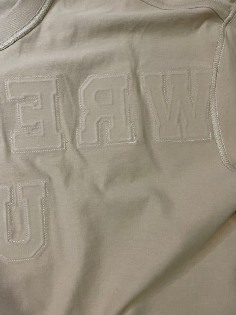 Wrecked up Medium White letters stitched on embroidery short sleeve t-shirt 100% Cotton none stretch