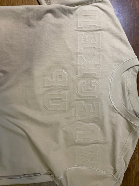 Wrecked up Medium White letters stitched on embroidery short sleeve t-shirt 100% Cotton none stretch