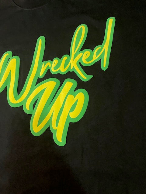Wrecked Up puff print Green on black T-shirt 280grm heavy cotton