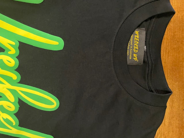 Wrecked Up puff print Green on black T-shirt 280grm heavy cotton