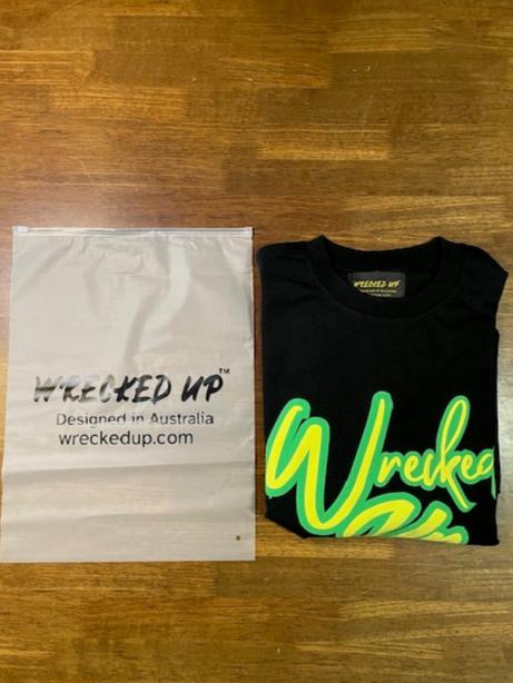 Wrecked Up puff print Green on black T-shirt 280grm heavy cotton