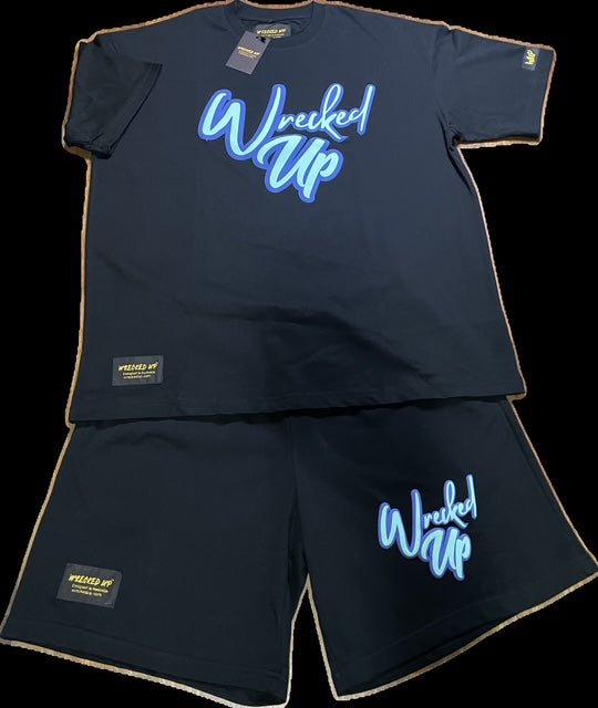 Shorts Wrecked Up puff print 85% cotton 15% Polyester, Dark Blue outline with light blue inside, Longer fit baggy style.