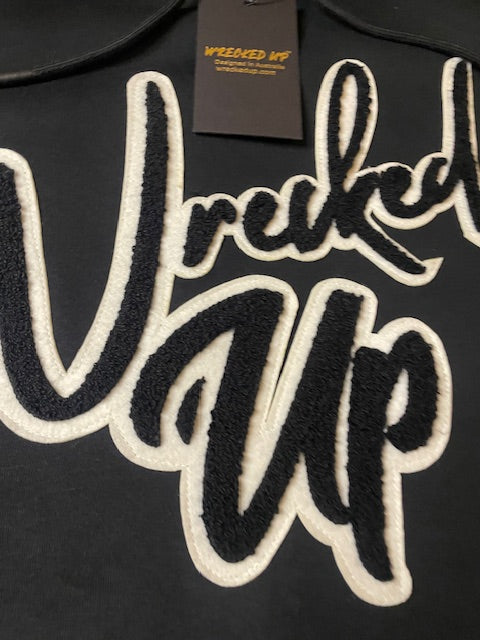 Hoodie Black with stitched carpet black and white wrecked up logo
