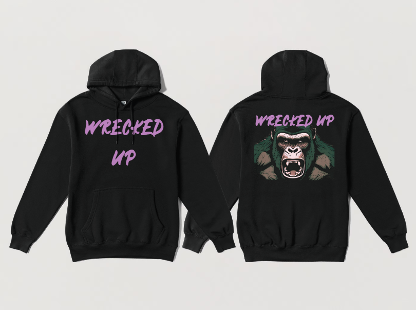 Wrecked Up Hoodie Pink Gorilla print  60% cotton 40% polyester for a vivid finish and all day comfort