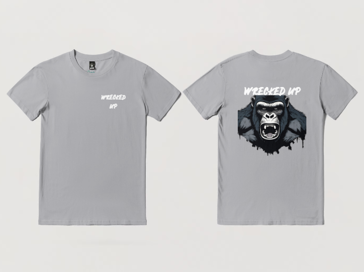 Wrecked up Gorilla dark grey short sleeve t-shirt 100% Cotton for a vivid finish and all day comfort