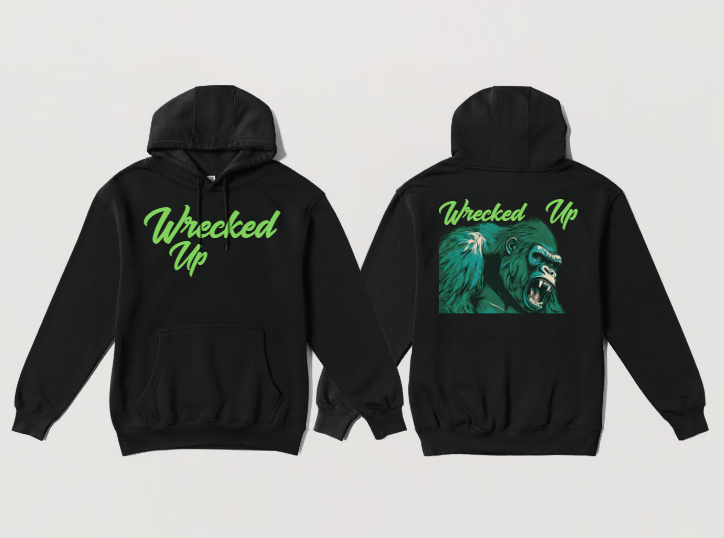 Wrecked Up Hoodie  green Gorilla print  60% cotton 40% polyester for a vivid finish and all day comfort