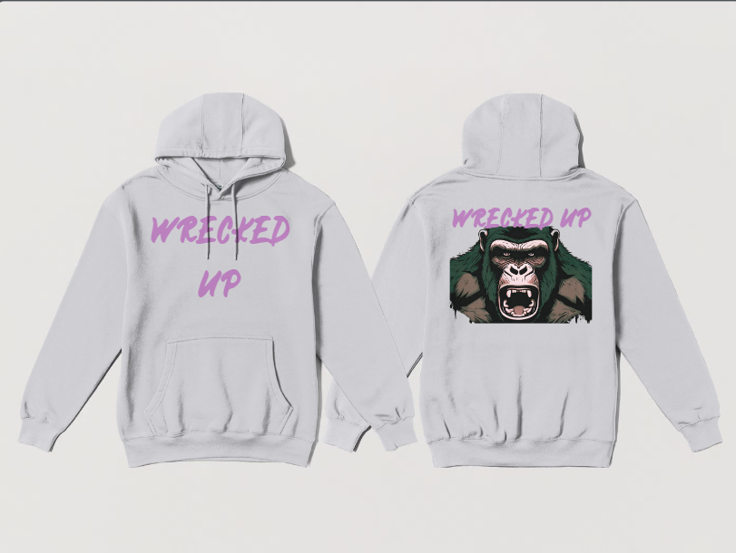 Wrecked Up Hoodie Pink Gorilla print  60% cotton 40% polyester for a vivid finish and all day comfort