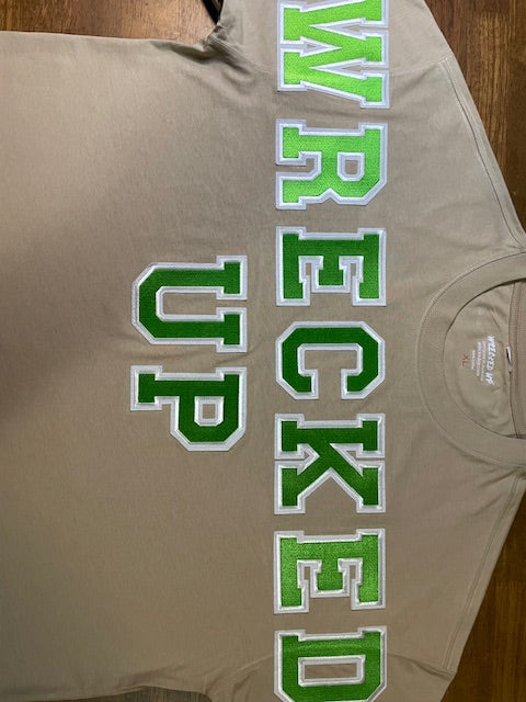 Wrecked up Large Green letters stitched on embroidery  short sleeve t-shirt 100% Cotton none stretch