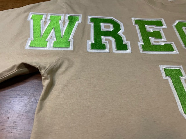 Wrecked up Large Green letters stitched on embroidery  short sleeve t-shirt 100% Cotton none stretch