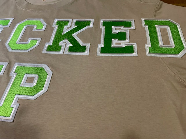 Wrecked up Large Green letters stitched on embroidery  short sleeve t-shirt 100% Cotton none stretch