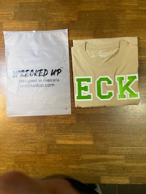 Wrecked up Large Green letters stitched on embroidery  short sleeve t-shirt 100% Cotton none stretch