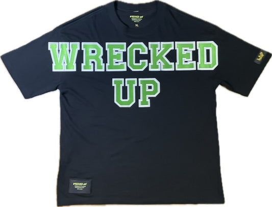 Wrecked up Green Large letters stitched embroidery on Black short sleeve t-shirt 100% Cotton none stretch