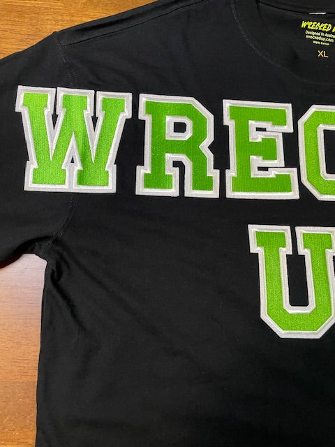 Wrecked up Green Large letters stitched embroidery on Black short sleeve t-shirt 100% Cotton none stretch