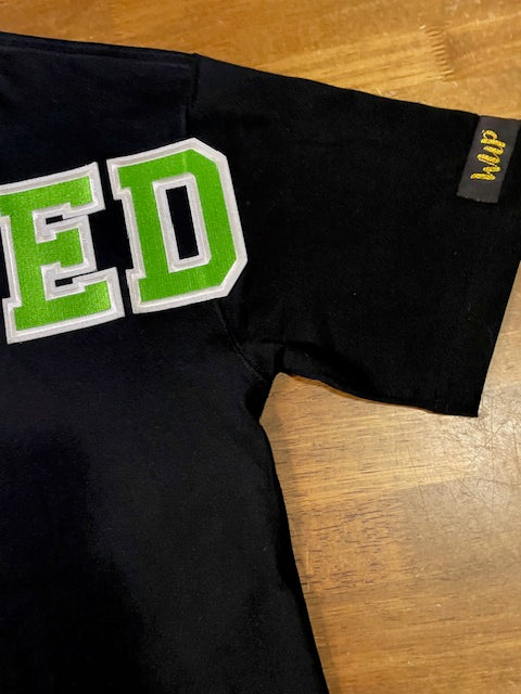 Wrecked up Green Large letters stitched embroidery on Black short sleeve t-shirt 100% Cotton none stretch