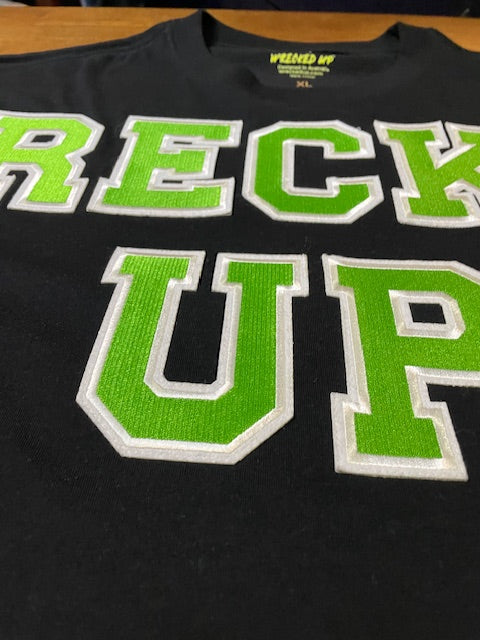 Wrecked up Green Large letters stitched embroidery on Black short sleeve t-shirt 100% Cotton none stretch