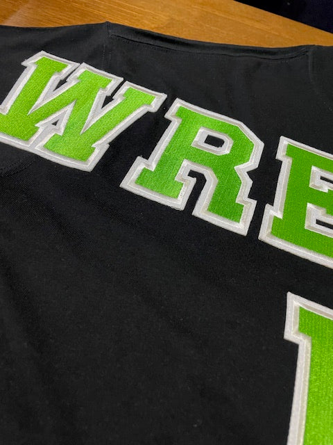 Wrecked up Green Large letters stitched embroidery on Black short sleeve t-shirt 100% Cotton none stretch