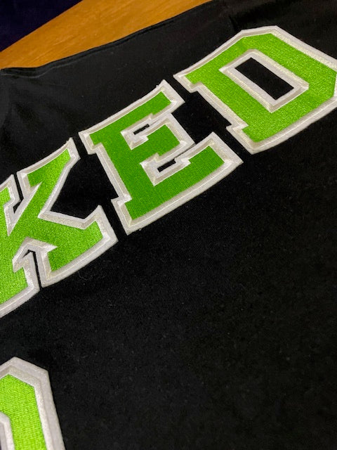 Wrecked up Green Large letters stitched embroidery on Black short sleeve t-shirt 100% Cotton none stretch