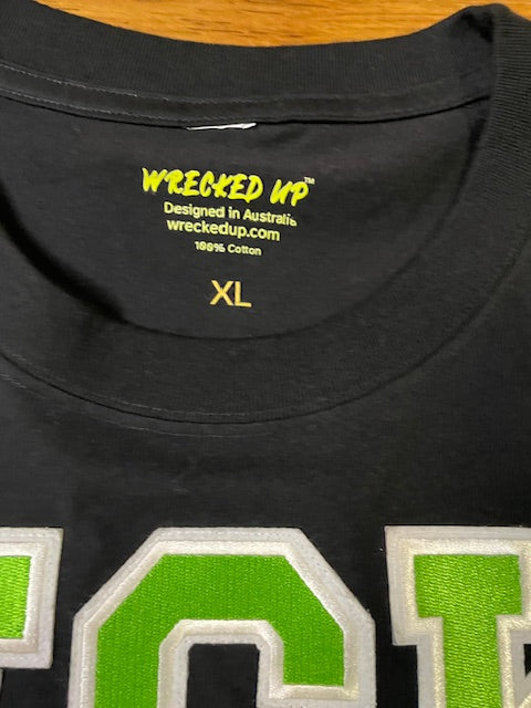 Wrecked up Green Large letters stitched embroidery on Black short sleeve t-shirt 100% Cotton none stretch