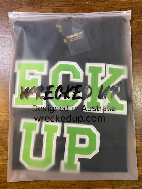 Wrecked up Green Large letters stitched embroidery on Black short sleeve t-shirt 100% Cotton none stretch