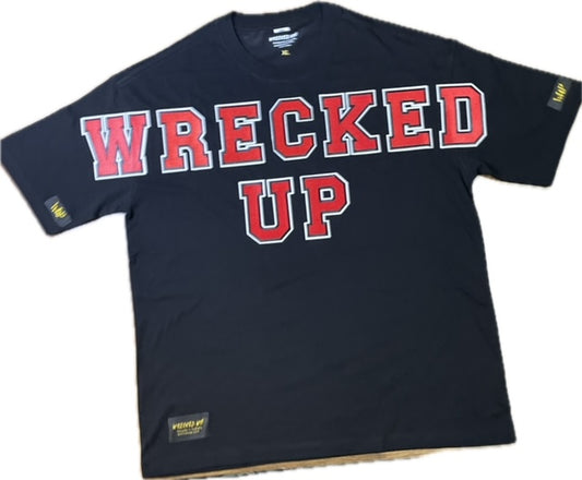 Wrecked up Red Large letters stitched embroidery on Black short sleeve t-shirt 100% Cotton none stretch