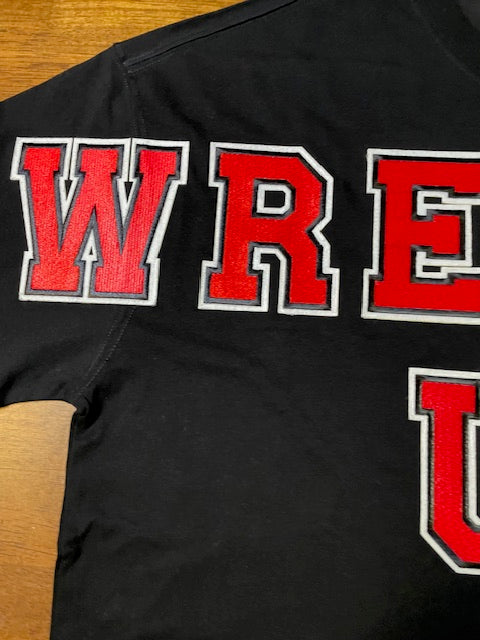 Wrecked up Red Large letters stitched embroidery on Black short sleeve t-shirt 100% Cotton none stretch