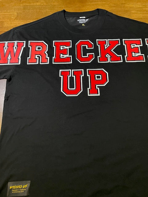 Wrecked up Red Large letters stitched embroidery on Black short sleeve t-shirt 100% Cotton none stretch