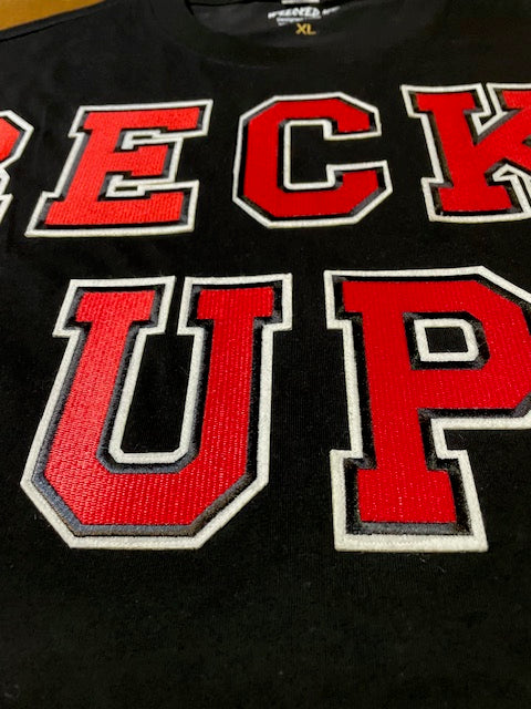 Wrecked up Red Large letters stitched embroidery on Black short sleeve t-shirt 100% Cotton none stretch