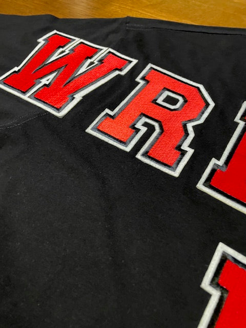 Wrecked up Red Large letters stitched embroidery on Black short sleeve t-shirt 100% Cotton none stretch