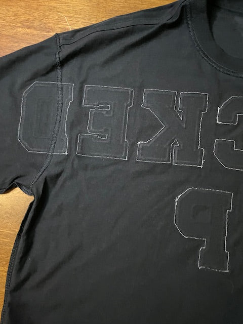 Wrecked up Black Large letters stitched embroidery on Black short sleeve t-shirt 100% Cotton none stretch