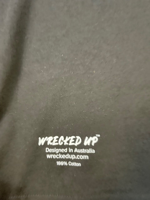 Wrecked up Black Large letters stitched embroidery on Black short sleeve t-shirt 100% Cotton none stretch