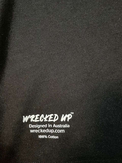 Wrecked up Black Large letters stitched embroidery on Black short sleeve t-shirt 100% Cotton none stretch