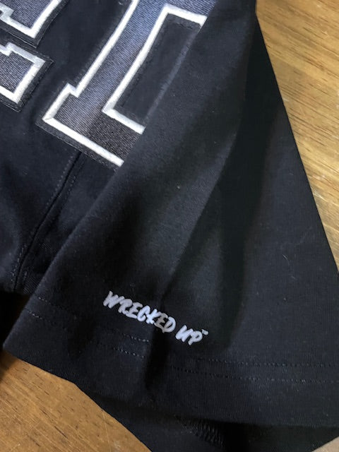 Wrecked up Black Large letters stitched embroidery on Black short sleeve t-shirt 100% Cotton none stretch