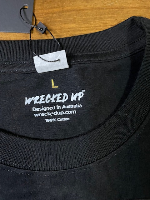 Wrecked up Black Large letters stitched embroidery on Black short sleeve t-shirt 100% Cotton none stretch