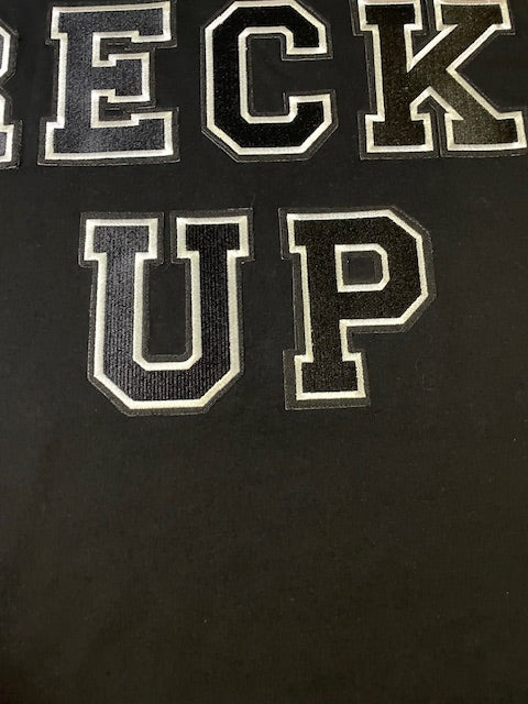 Wrecked up Black Large letters stitched embroidery on Black short sleeve t-shirt 100% Cotton none stretch