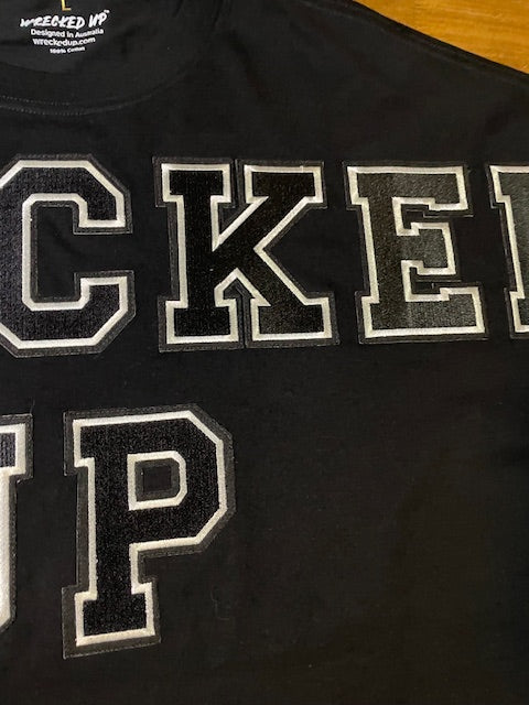 Wrecked up Black Large letters stitched embroidery on Black short sleeve t-shirt 100% Cotton none stretch