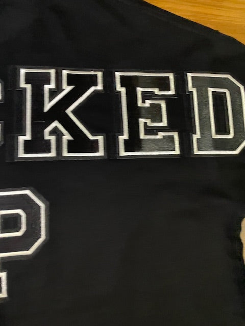 Wrecked up Black Large letters stitched embroidery on Black short sleeve t-shirt 100% Cotton none stretch