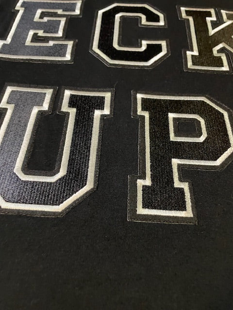 Wrecked up Black Large letters stitched embroidery on Black short sleeve t-shirt 100% Cotton none stretch