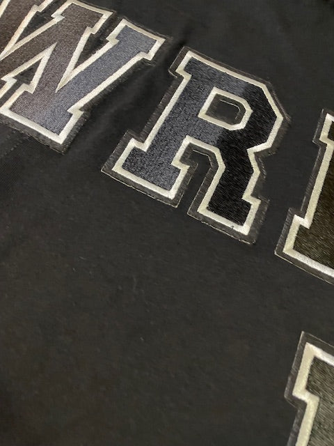 Wrecked up Black Large letters stitched embroidery on Black short sleeve t-shirt 100% Cotton none stretch