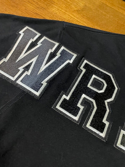 Wrecked up Black Large letters stitched embroidery on Black short sleeve t-shirt 100% Cotton none stretch