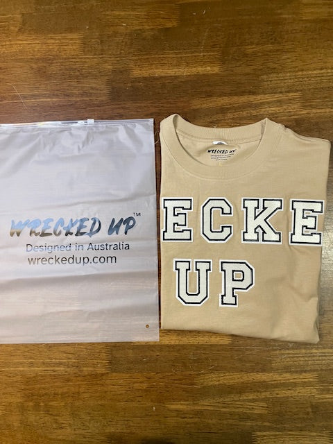 Wrecked up Medium White letters stitched on embroidery  short sleeve t-shirt 100% Cotton none stretch